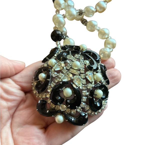 Vintage Brania Runway Black Glass & Clear Rhinestone Pearl Statement Necklace - Picture 4 of 9